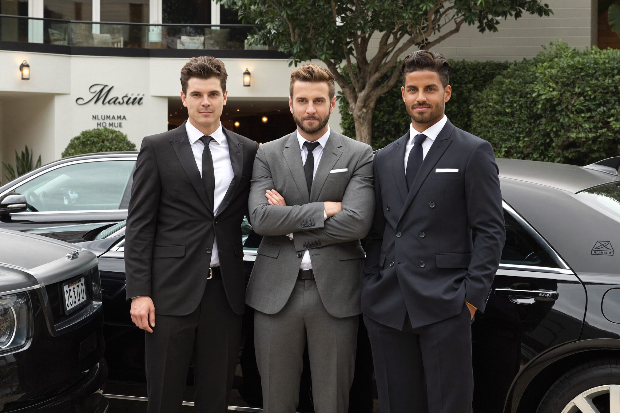 MIUUM affiliate chauffeurs in black, gray, and dark blue suits beside black luxury vehicles