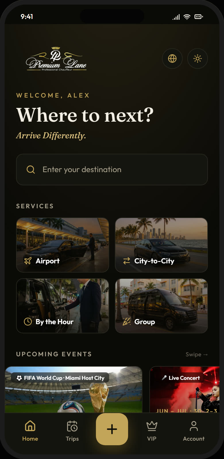 Premium Lane app — home screen