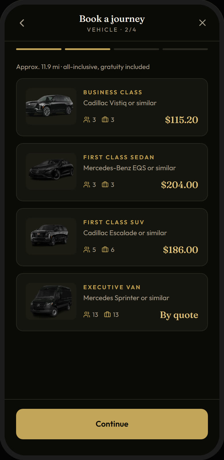 Premium Lane app — choose your vehicle