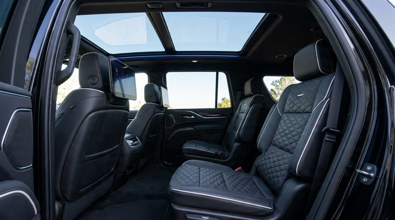Rear cabin of a MIUUM First Class SUV, quilted black leather and panoramic roof